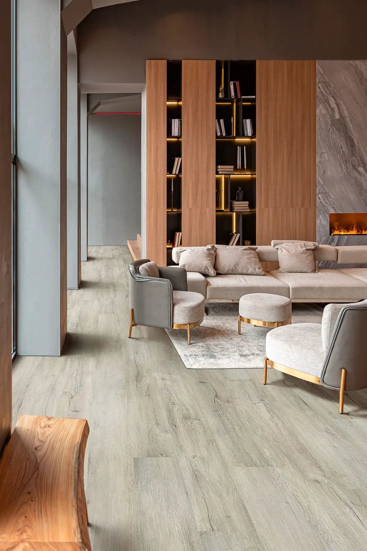 Kallum York Gray Matte Wood Look Lvt Planks 9x48 in a finished room