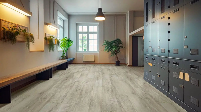 Kallum York Gray Matte Wood Look Lvt Planks 9x48 in a finished room