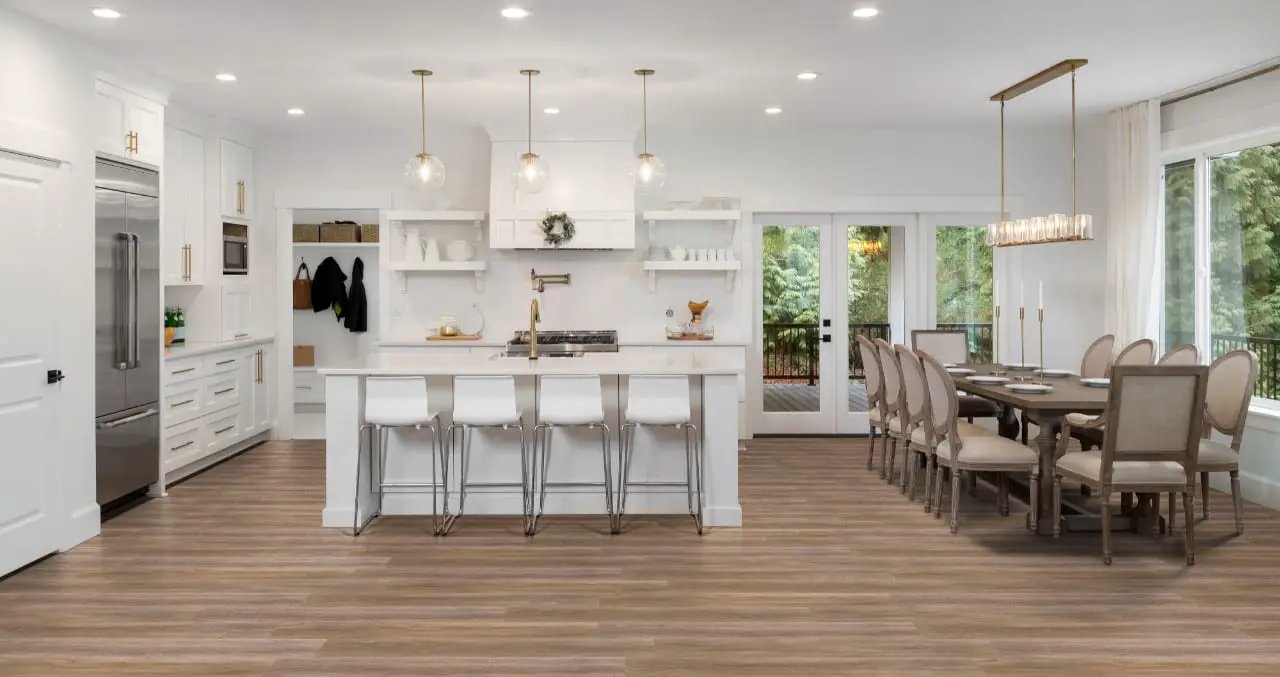 Smithcliffs Brockton Semi Gloss Quarter Round Wood Look Rigid Core Moldings 0.64x0.75 in a finished room