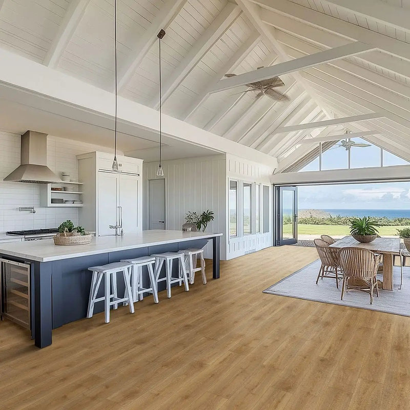 Smithcliffs Cloudland Semi Gloss End Cap Wood Look Rigid Core Moldings in a finished room