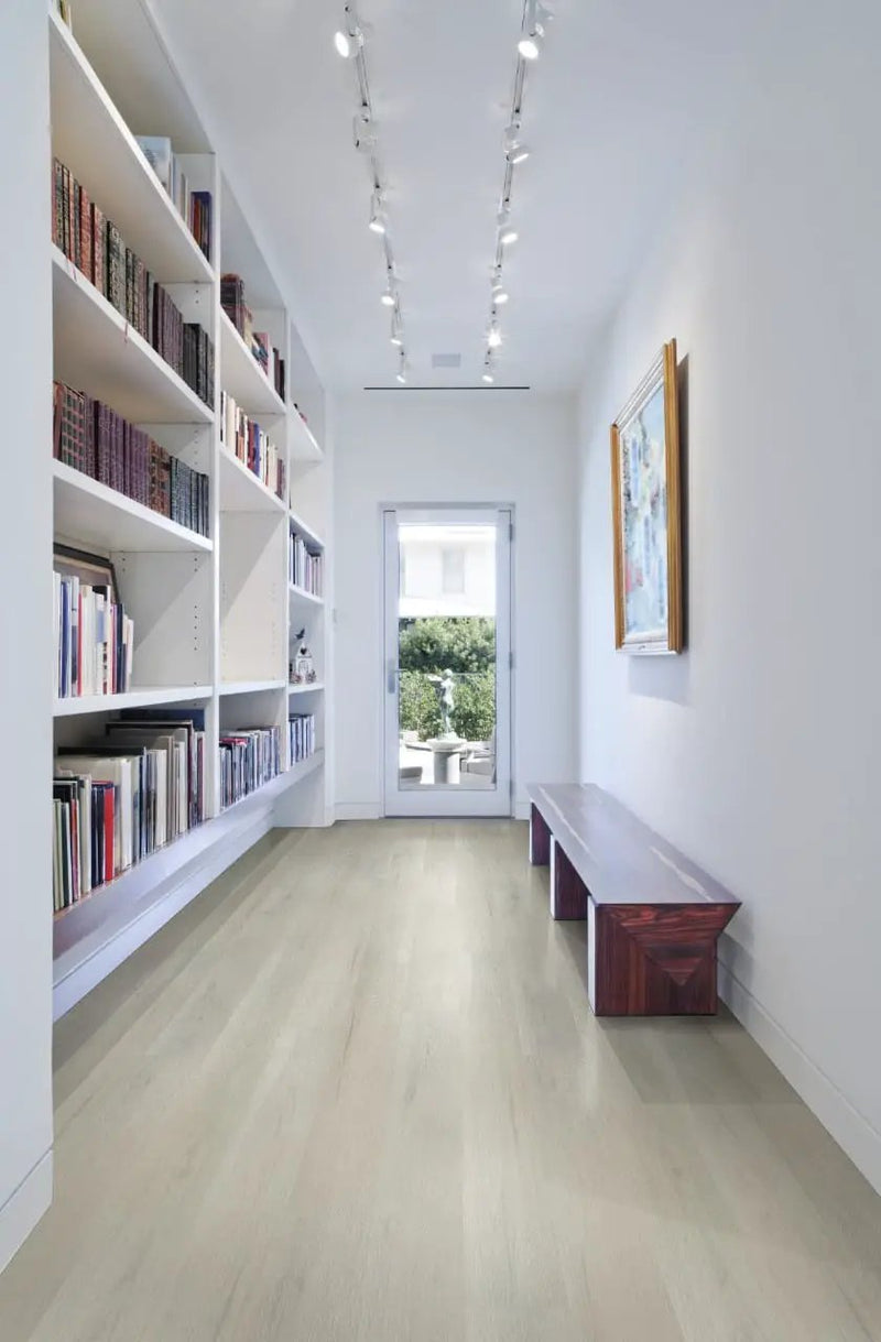 Smithcliffs Driftway Semi Gloss T Molding Wood Look Rigid Core Moldings 1.77x0.28 in a finished room