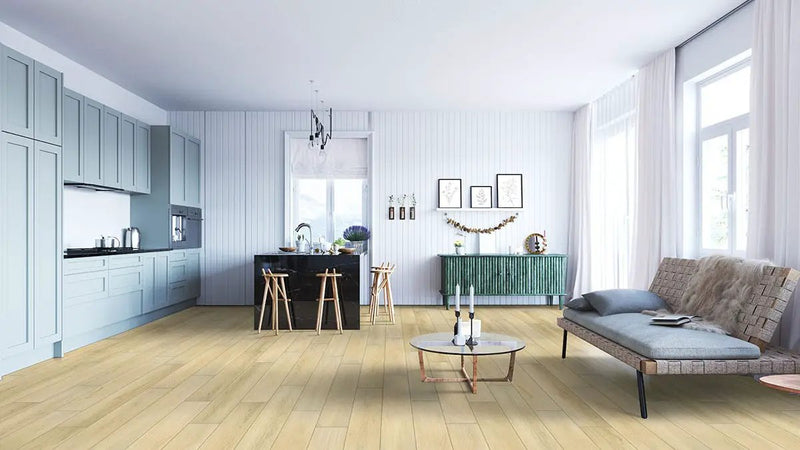 Smithcliffs Glenbury Oak Semi Gloss Flush Stair Nose End Cap Wood Look Rigid Core Moldings 4.53x0.94 in a finished room