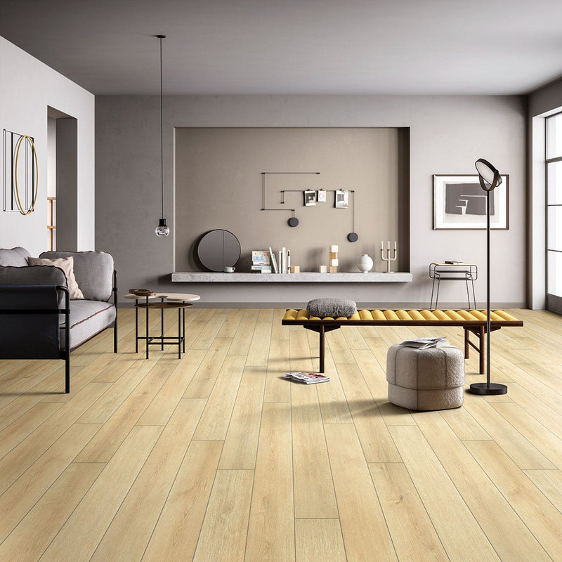 Smithcliffs Lanston Oak Matte Wood Look Rigid Core Planks 7.7x48 in a finished room