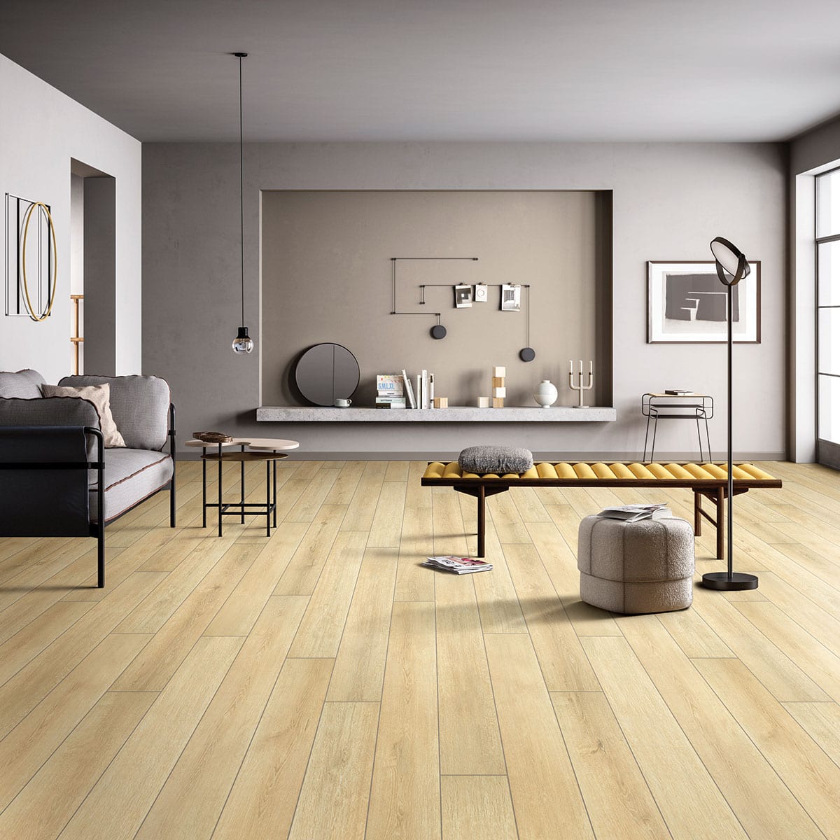 Smithcliffs Lanston Oak Semi Gloss Flush Stair Nose Wood Look Rigid Core Moldings 4.53x0.94 in a finished room