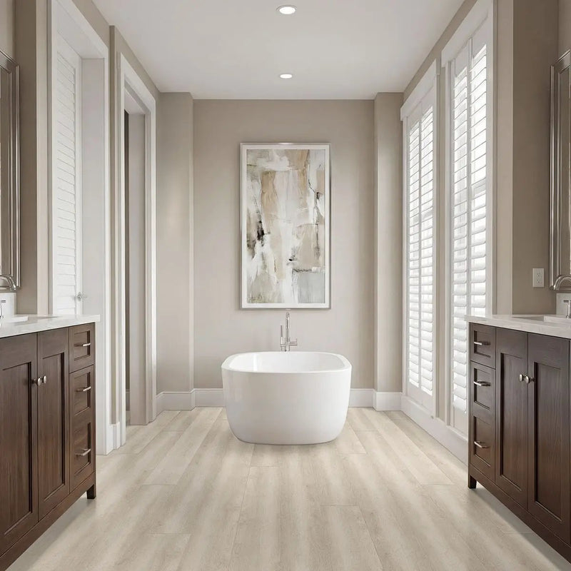 Shorecliffs Sunny Shake Semi Gloss End Cap Wood Look Rigid Core Moldings 1.5x0.25 in a finished room