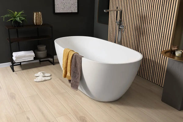 Smithcliffs Sunnyvale Semi Gloss End Cap Wood Look Rigid Core Moldings in a finished room