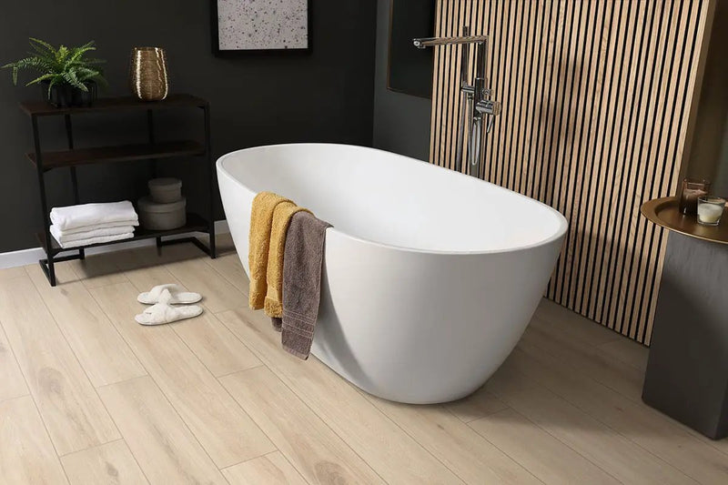 Smithcliffs Sunnyvale Semi Gloss End Cap Wood Look Rigid Core Moldings in a finished room