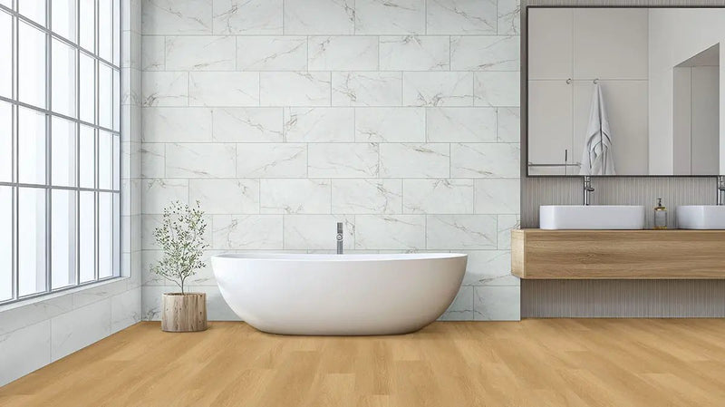 Laurel Bayside Buff Matte Wood Look Lvt Planks 9x48 in a finished room