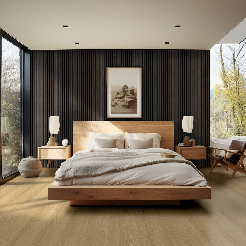 Laurel Reserve Bayside Buff Matte Wood Look Lvt Planks 9x48 in a finished room