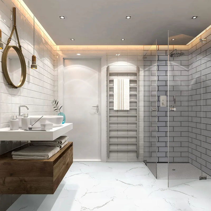 Trecento Calacatta Serra Marble Look Lvt Tiles 12x24 in a finished room