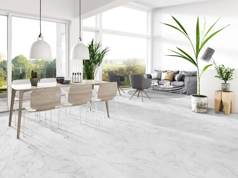 Trecento Carrara Avell Semi Gloss Flush Stair Nose Marble Look Lvt Moldings 2.75x0.75 in a finished room