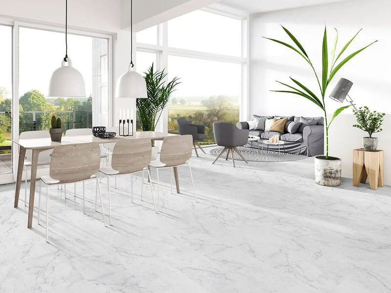 Trecento Carrara Avell Marble Look Lvt Tiles 12x24 in a finished room