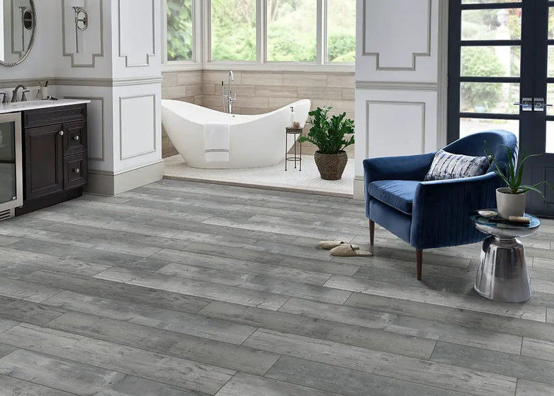 Andover Kingsdown Gray Matte Wood Look Lvt Planks 7x48 in a finished room