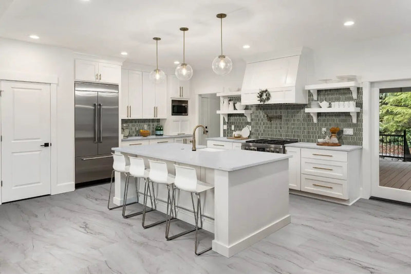 Trecento Quarzo Taj Semi Gloss Flush Stair Nose Marble Look Lvt Moldings 2.75x0.75 in a finished room