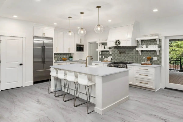 Trecento Quarzo Taj Semi Gloss Overlap Stair Nose Marble Look Lvt Moldings 2.23x1.03 in a finished room