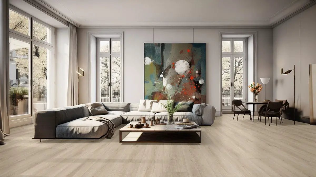 Laurel Shasta Grove Semi Gloss Overlap Stair Nose Wood Look Lvt Moldings 2.23x1.03 in a finished room