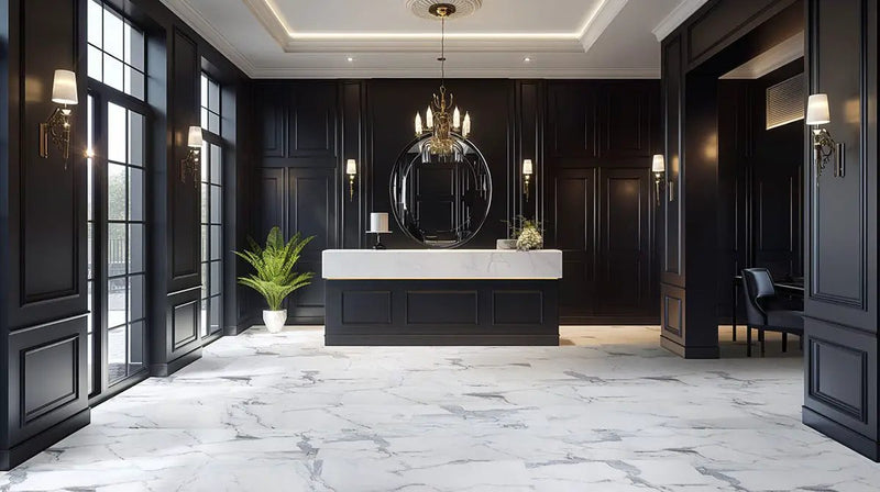 Xl Trecento Calacatta Legend Marble Look Lvt Tiles 18x36 in a finished room