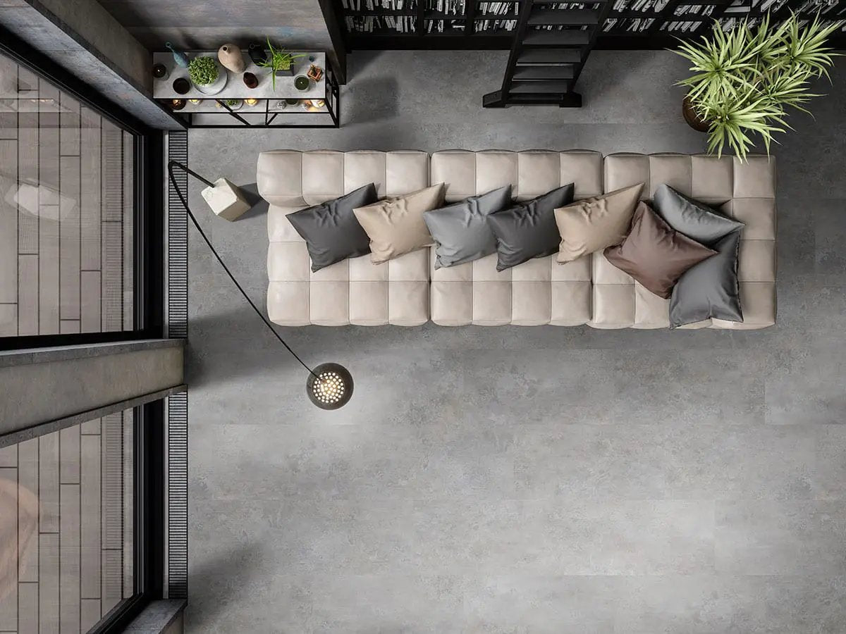 Xl Trecento Mountains Gray Stone Look Lvt Tiles 18x36 in a finished room