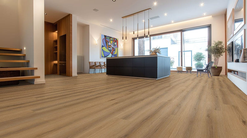 Xl Studio Swilcan Semi Gloss Overlap Stair Nose Wood Look Lvt Moldings 2.23x1.03 in a finished room
