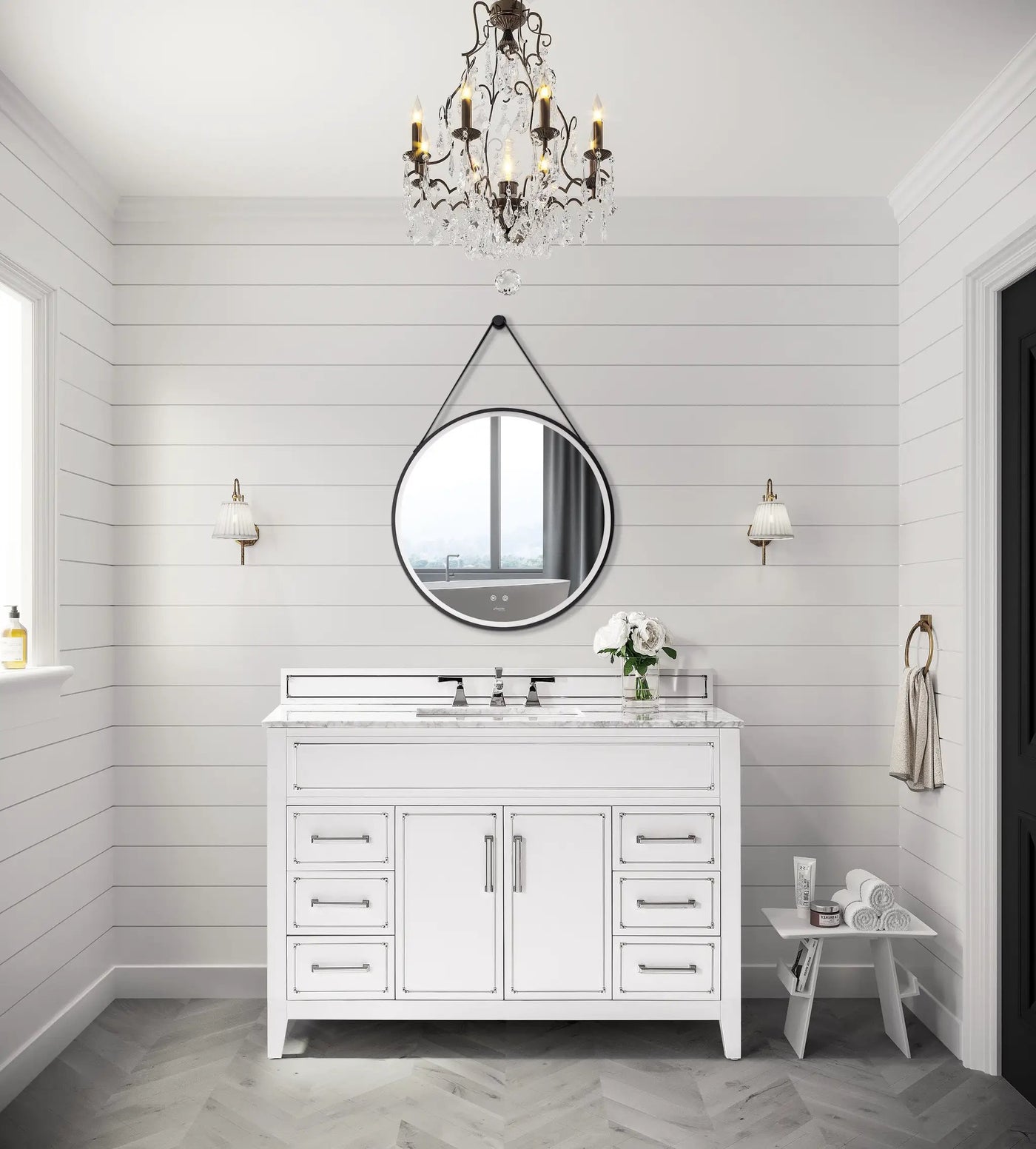 Sangle Round LED Mirror Black Framed Lighted Bathroom Vanity Mirror and Vegan Leather Strap by Ancerre Designs