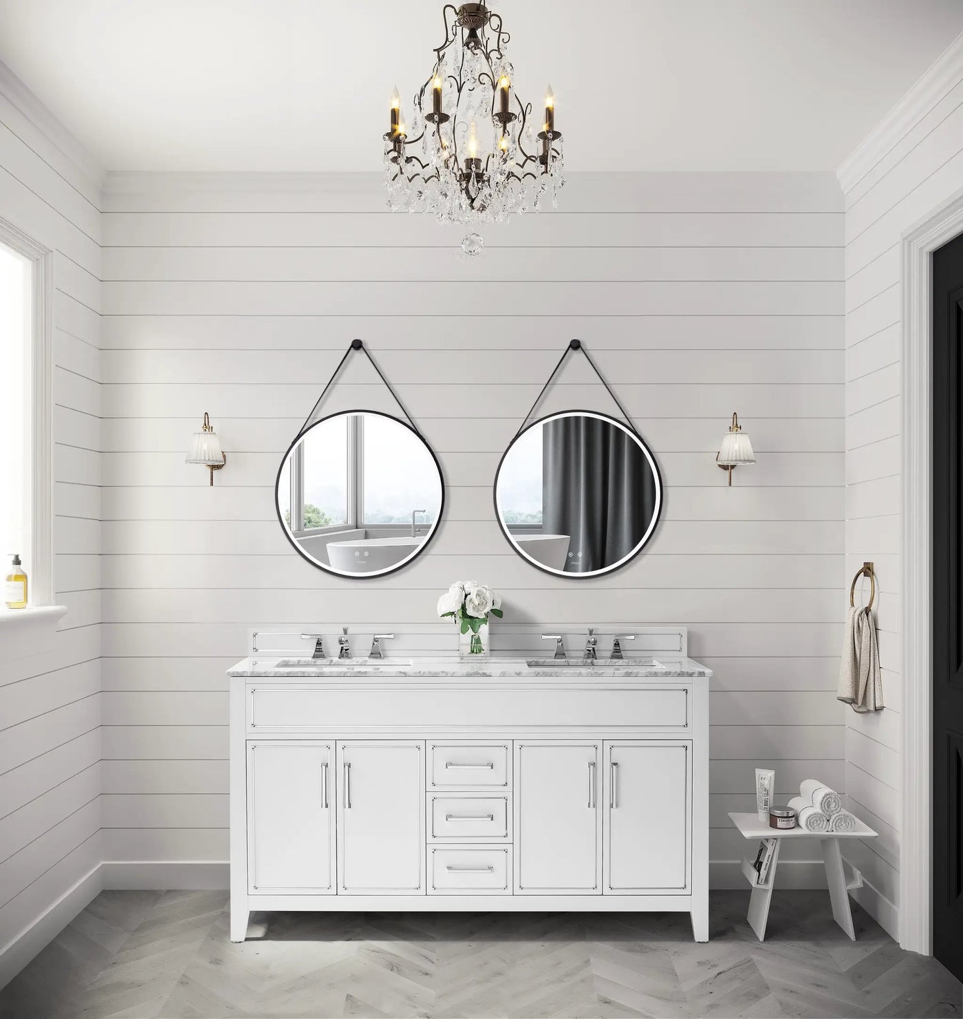 Sangle Round LED Mirror Black Framed Lighted Bathroom Vanity Mirror and Vegan Leather Strap by Ancerre Designs