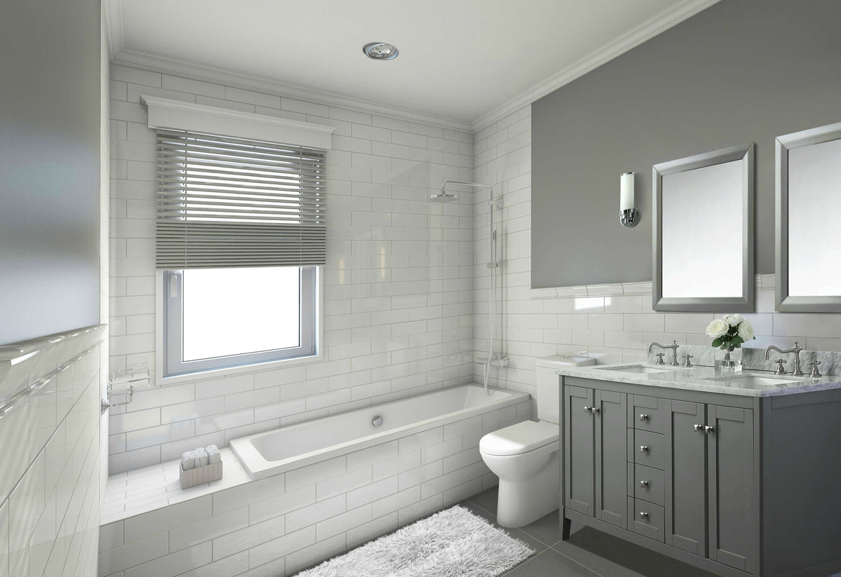 Shelton Bathroom Vanity with Sink and Carrara White Marble Top Cabinet Set, installed in a room
