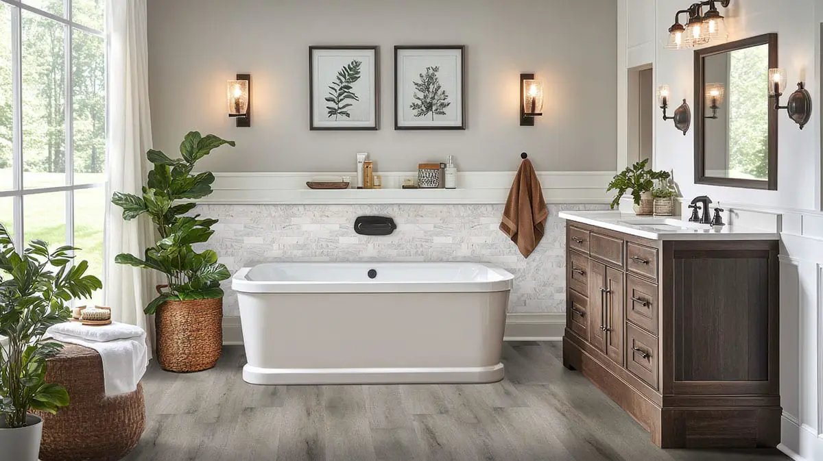 Smithcliffs Avery Ash Semi Gloss End Cap Wood Look Rigid Core Moldings 1.5x0.25 in a finished room