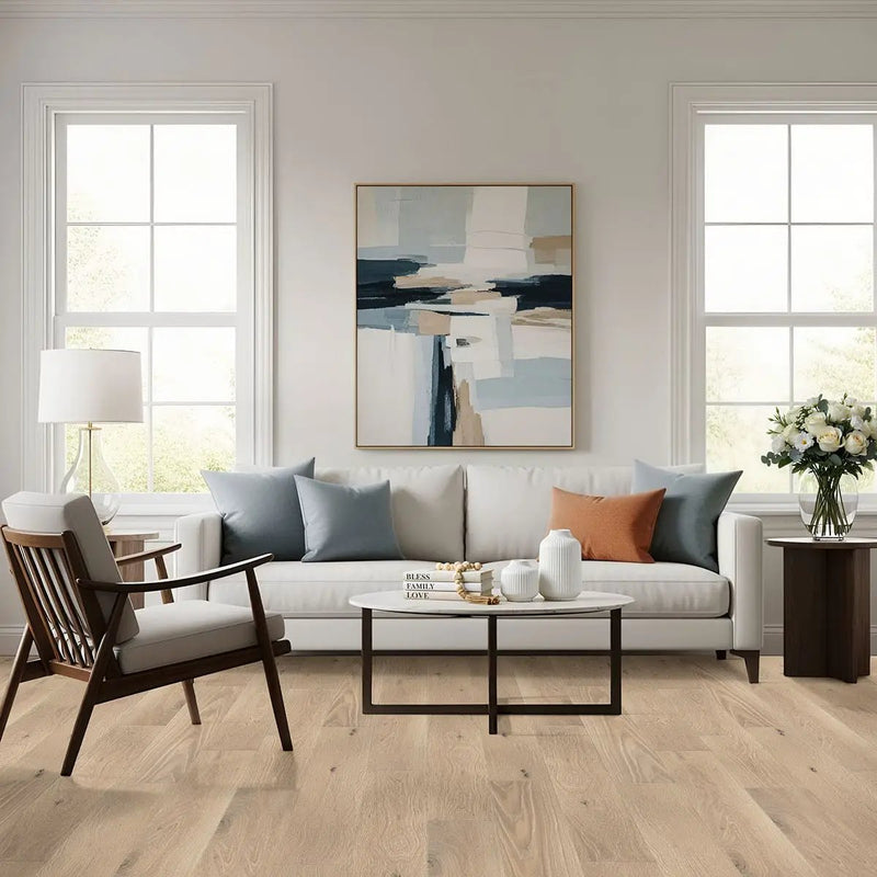 Woodhills Bali Buff Oak Wood Semi Gloss T Molding Look Moldings 1.25x0.28 in a finished room