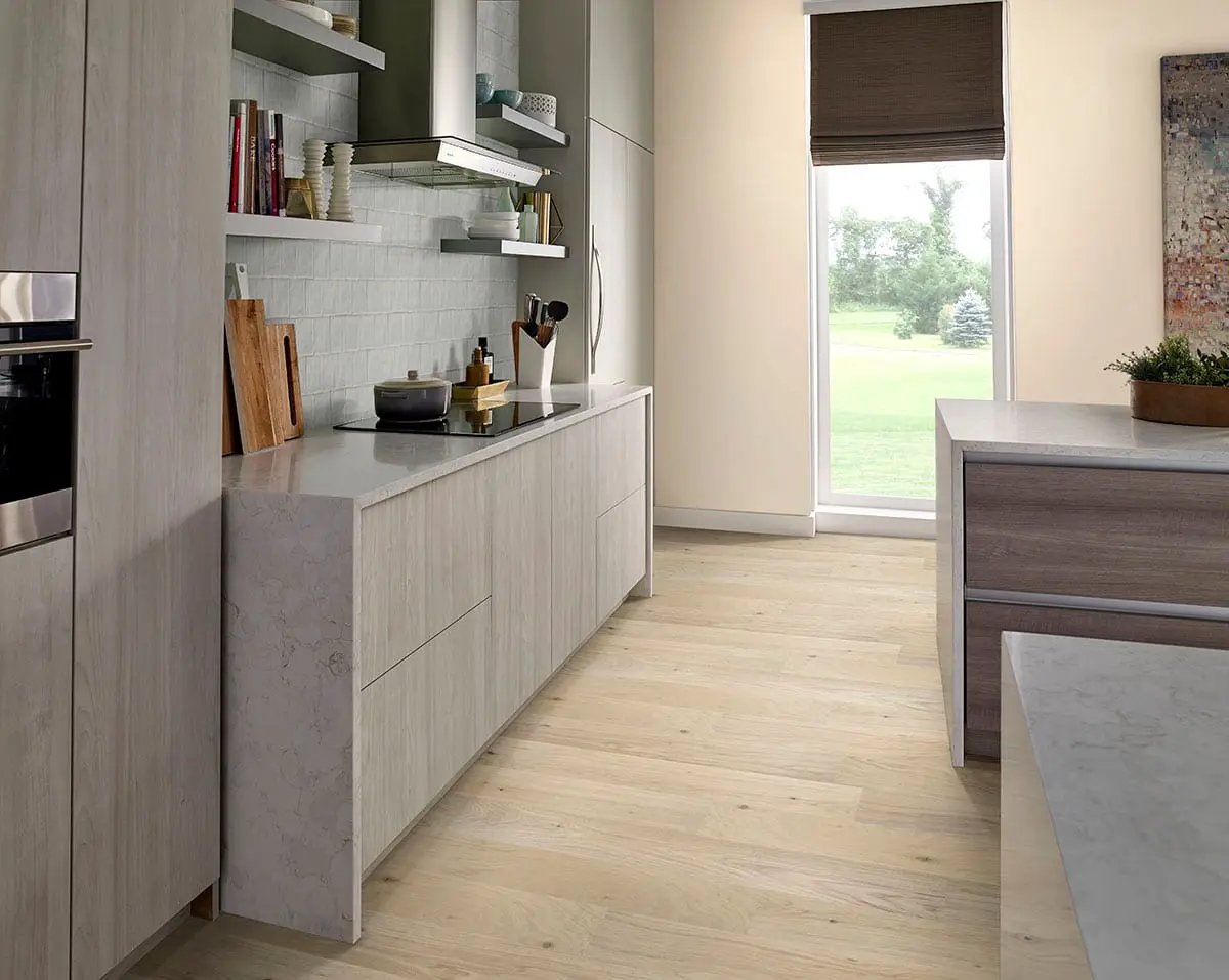 Woodhills Bali Buff Oak Wood Semi Gloss Quarter Round Look Moldings 0.64x0.75 in a finished room