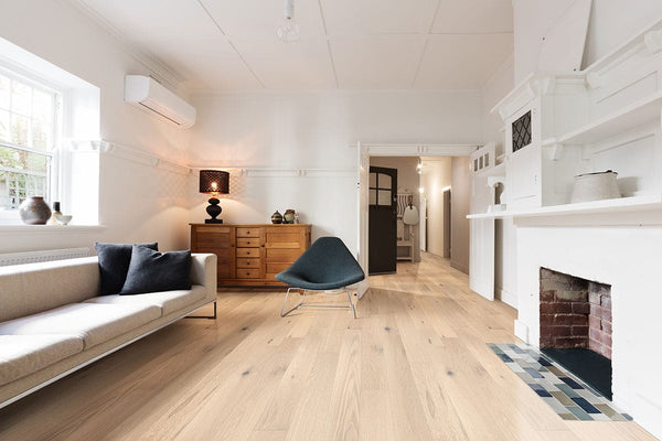 Woodhills Bali Buff Oak Wood Matte Look Planks 6.5x48 in a finished room