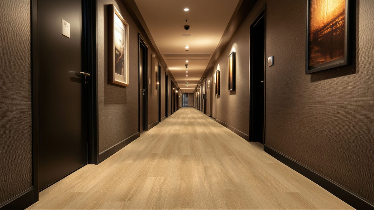 Laurel Bayside Buff Semi Gloss Overlap Stair Nose Wood Look Lvt Moldings 2.23x1.03 in a finished room
