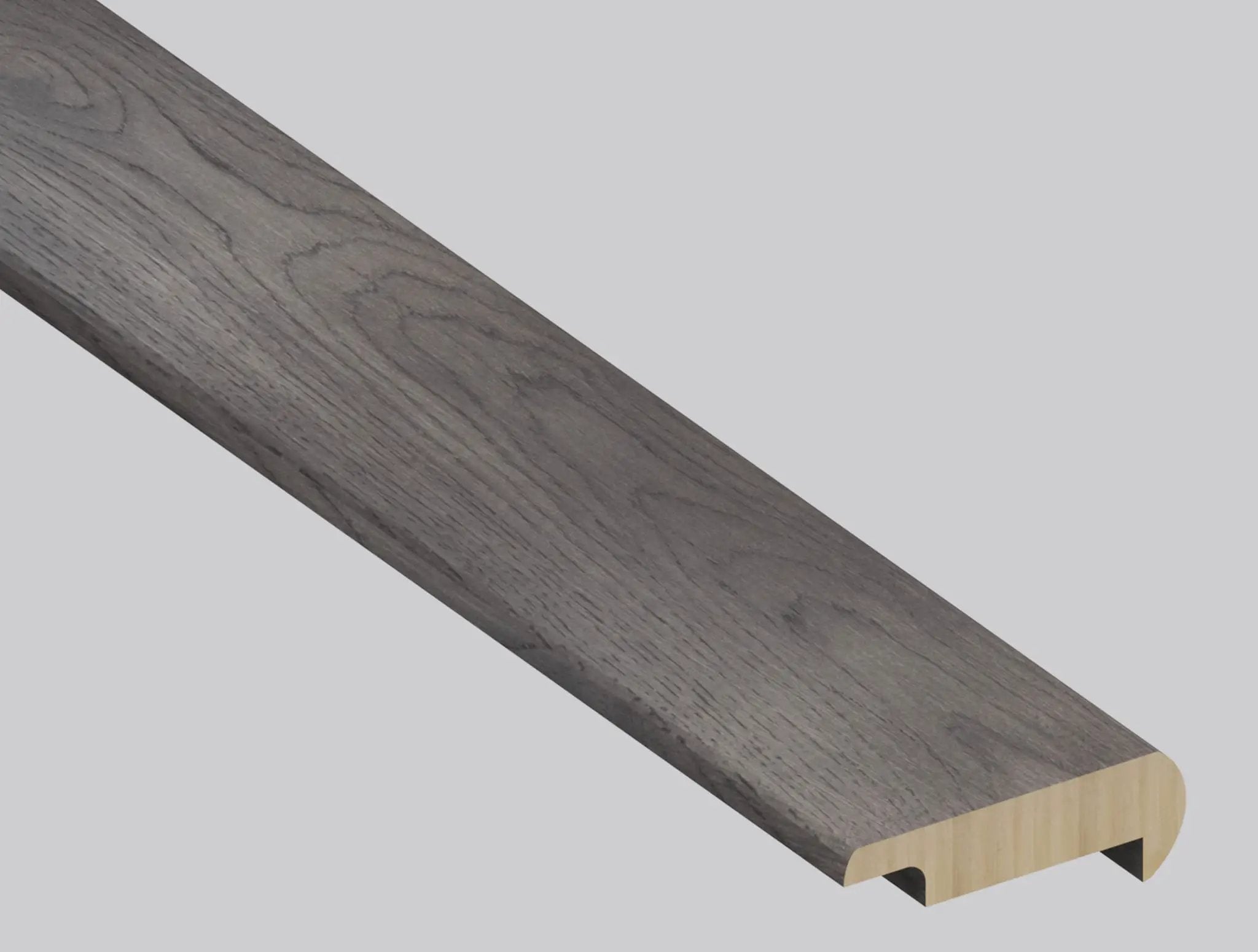 Woodhills Brook Timber Hickory Wood Semi Gloss Overlap Stair Nose Look Moldings 2.23x1.03 close up
