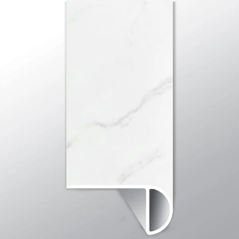 Trecento Calacatta Marbello Semi Gloss Overlap Stair Nose Lvt Moldings 2.23x1.03 close up