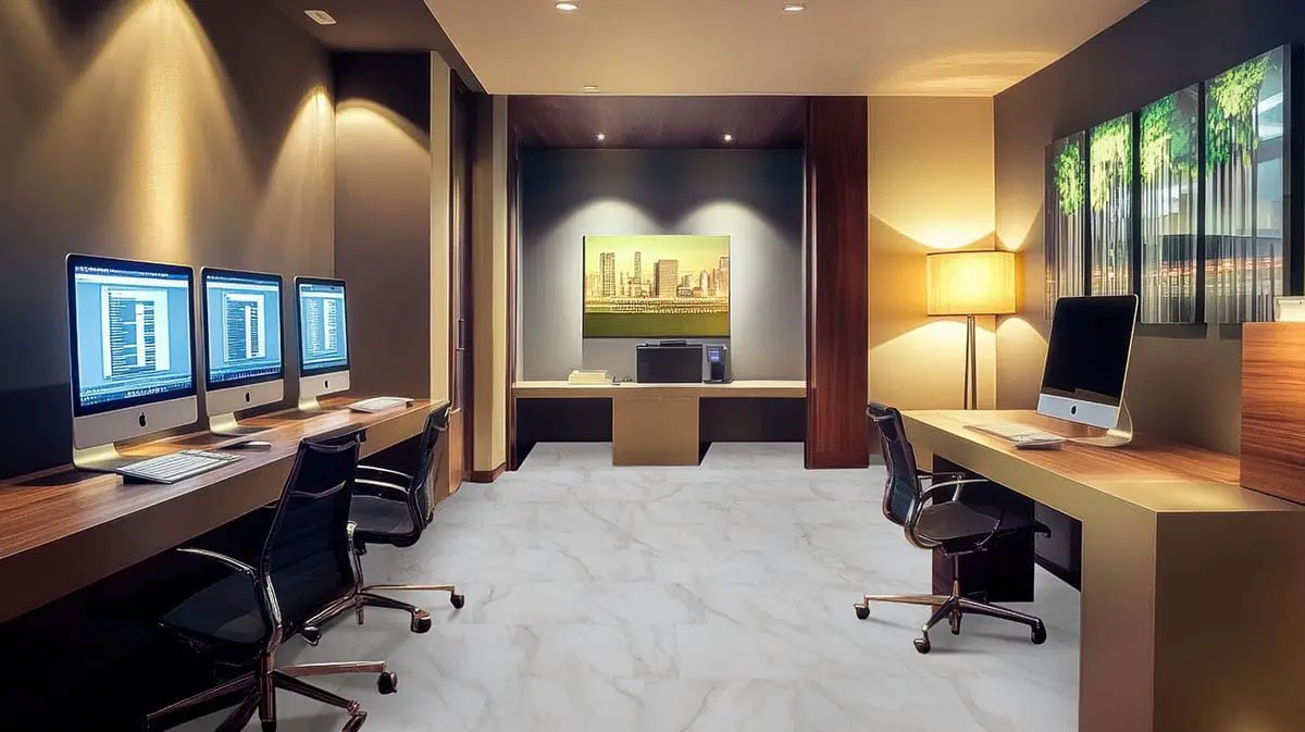 Trecento Calacatta Venosa Gold Semi Gloss End Cap Marble Look Lvt Moldings 1.5x0.25 in a finished room