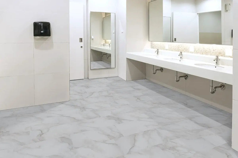 Trecento Calacatta Venosa Gold Semi Gloss End Cap Marble Look Lvt Moldings 1.5x0.25 in a finished room