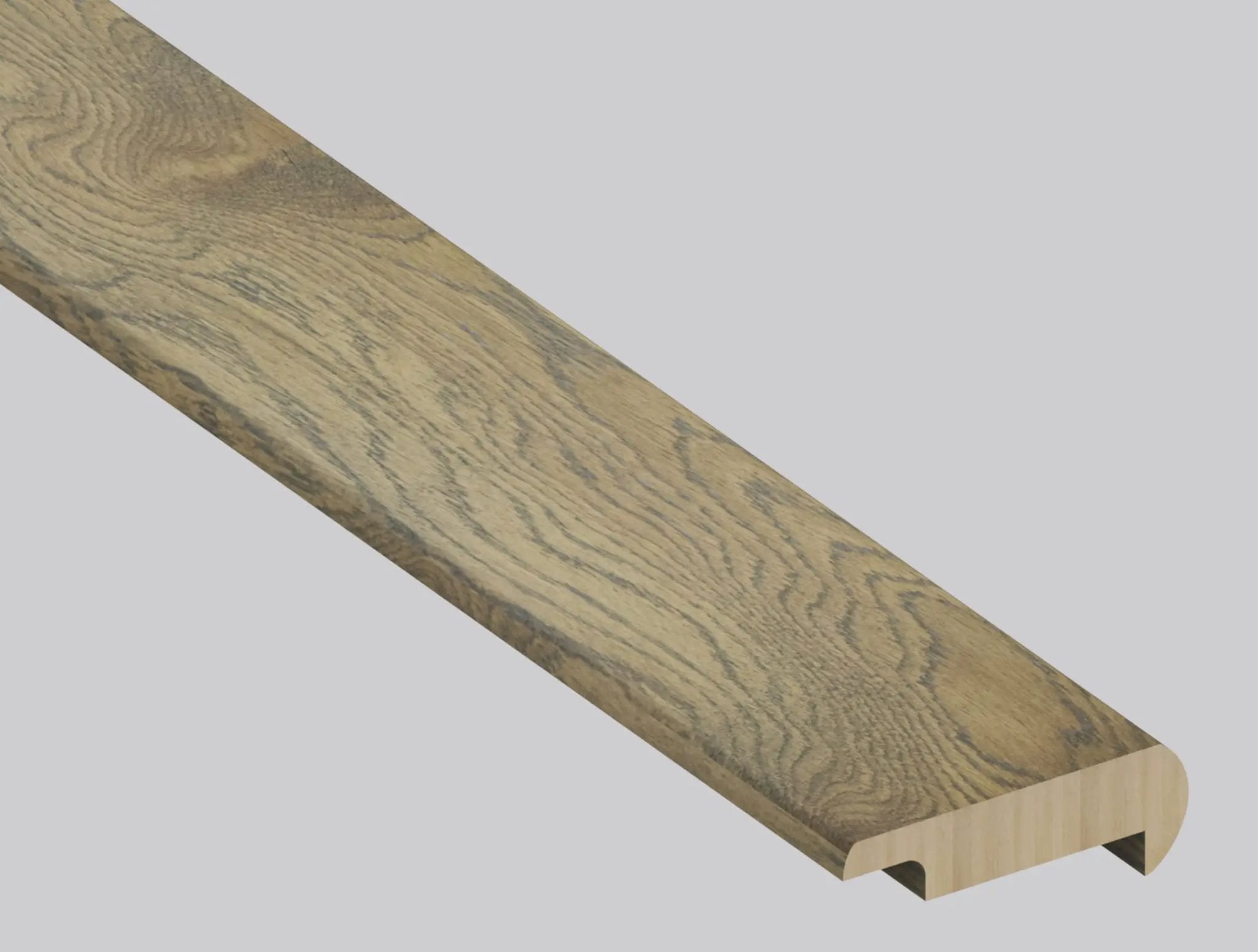 Woodhills Chestnut Heights Oak Wood Semi Gloss Overlap Stair Nose Look Moldings 2.23x1.03 close up