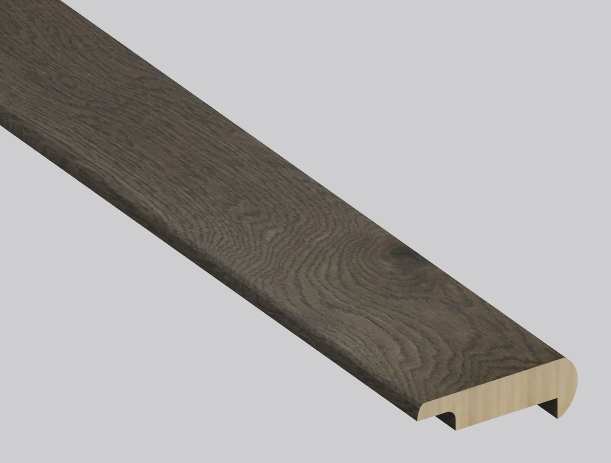 Woodhills Dorn Oak Wood Semi Gloss Overlap Stair Nose Look Moldings 2.23x1.03 close up