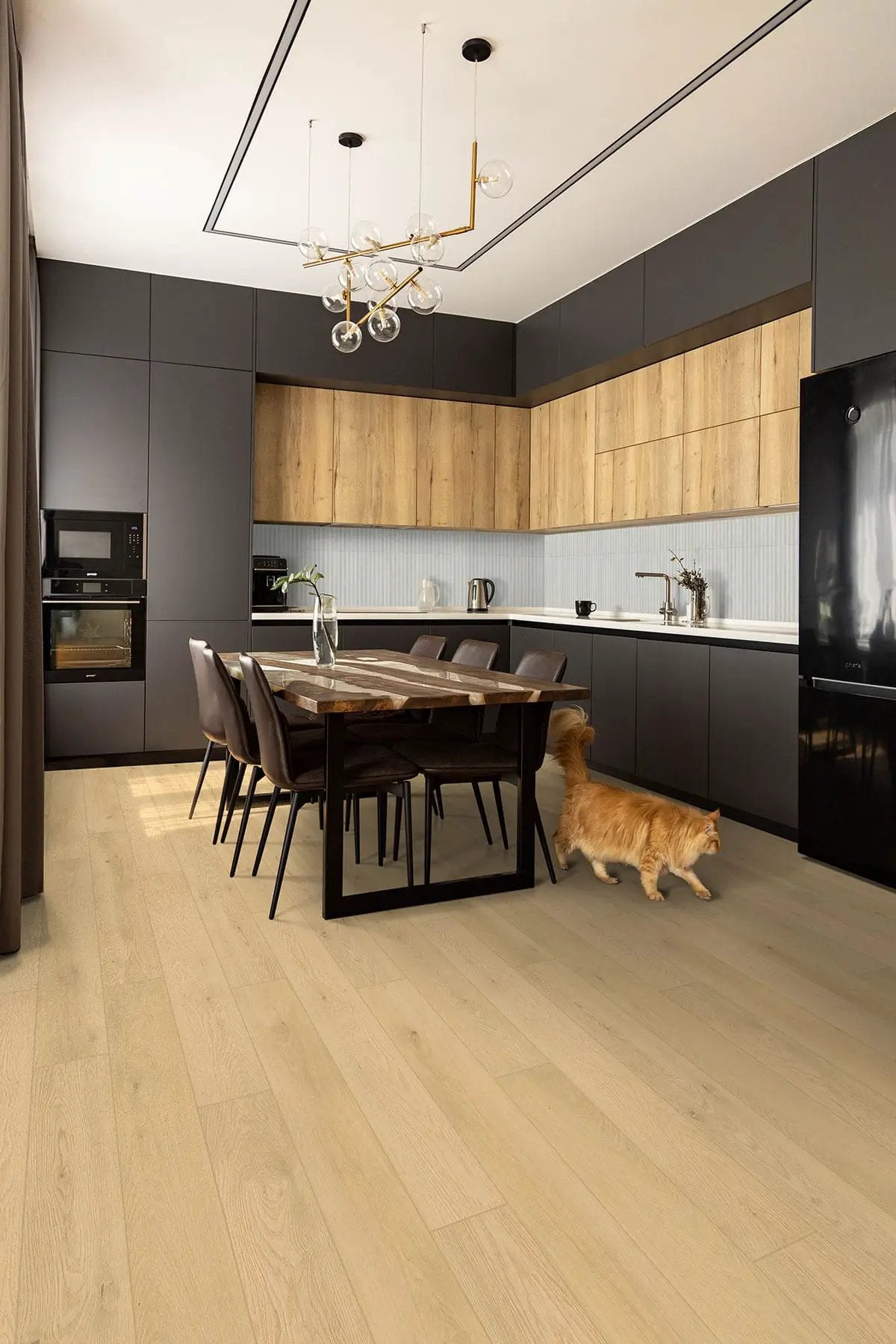 Smithcliffs Doverville Semi Gloss Flush Stair Nose End Cap Wood Look Rigid Core Moldings in a finished room