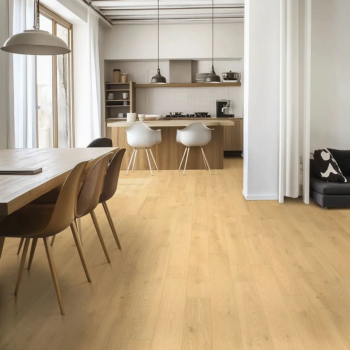 Smithcliffs Doverville Semi Gloss Flush Stair Nose End Cap Wood Look Rigid Core Moldings in a finished room
