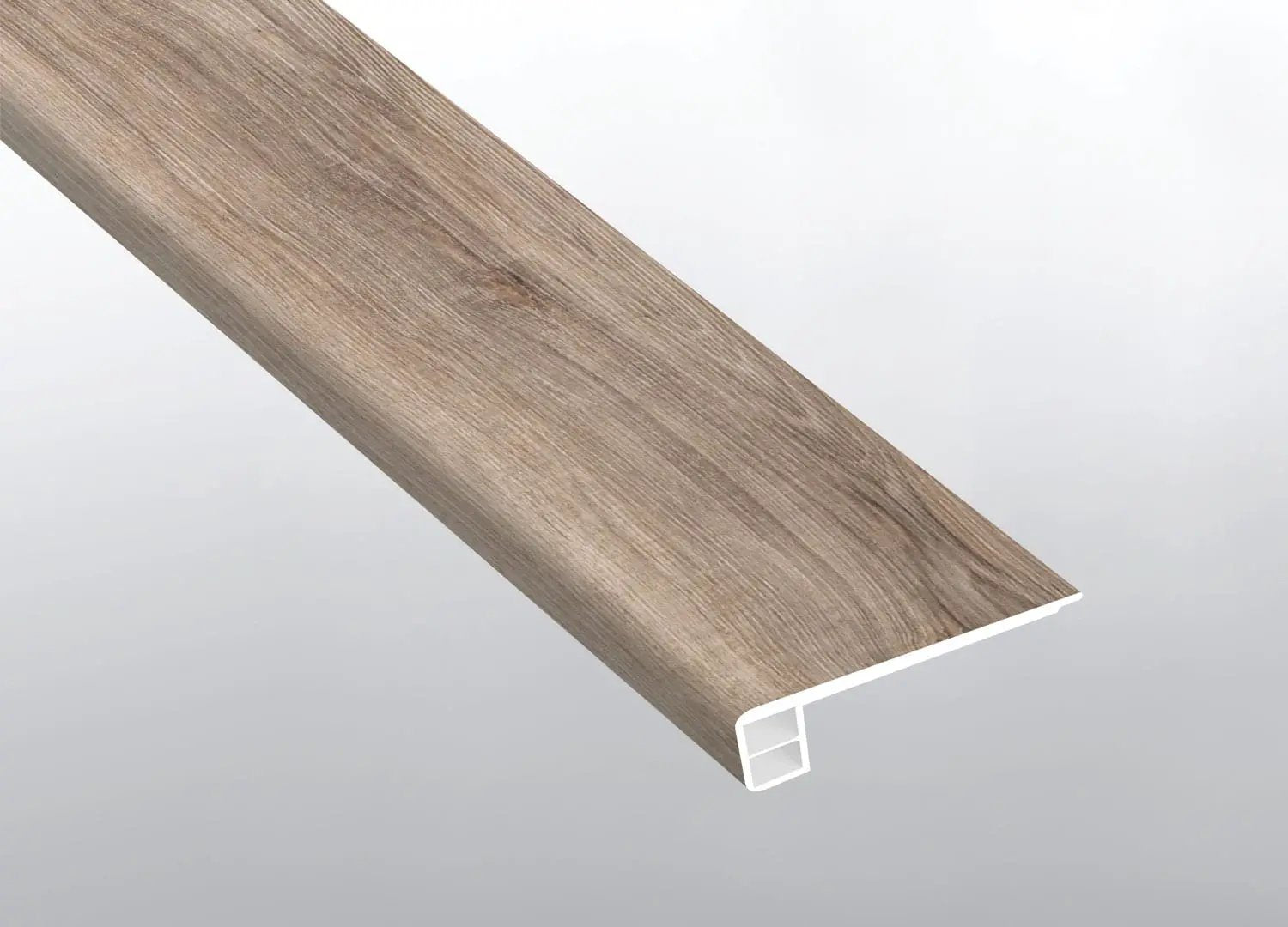 Andover Highcliffe Greige Semi Gloss Flush Stair Nose End Cap Wood Look Lvt Moldings 2.75x0.75 close up