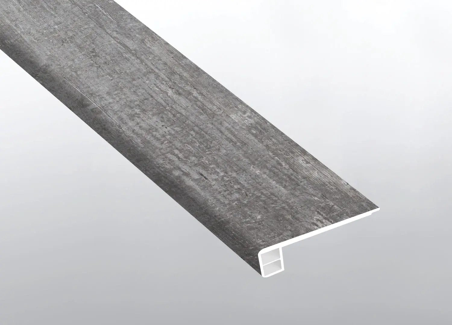 Andover Kingsdown Gray Semi Gloss Flush Stair Nose End Cap Wood Look Lvt Moldings 2.75x0.75 close up