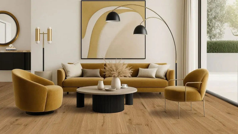 Ladson Leander Oak Brushed Flush Stair Nose End Cap Wood Look Moldings 3x0.5 in a finished room