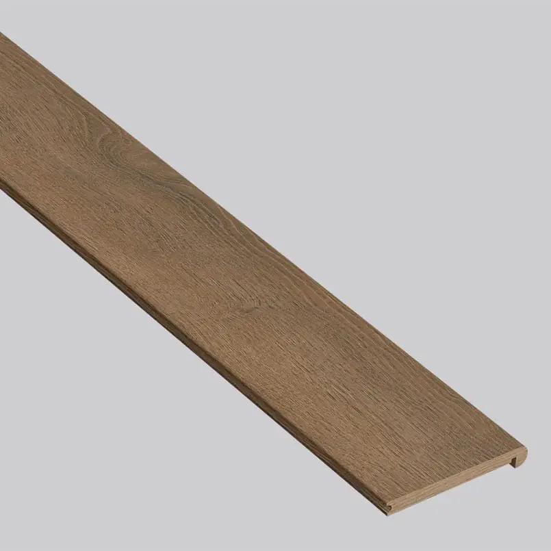 Shorecliffs Roghan Semi Gloss Flush Stair Nose Wood Look Rigid Core Moldings 4.53x0.94 close up