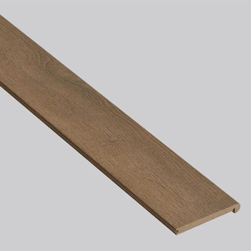 Shorecliffs Roghan Semi Gloss Flush Stair Nose Wood Look Rigid Core Moldings 4.53x0.94 close up