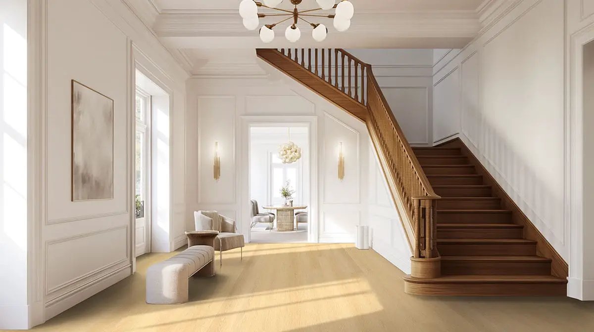 Xl Studio Roswell Semi Gloss Overlap Stair Nose Wood Look Lvt Moldings 2.23x1.03 in a finished room
