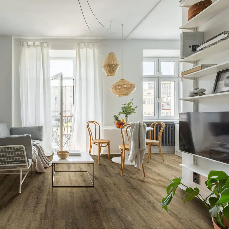 Cyrus Walnut Waves Semi Gloss Wood Look Lvt Moldings 12x1.25 in a finished room