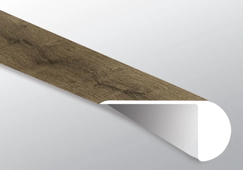 Cyrus Walnut Waves Semi Gloss Overlap Stair Nose Wood Look Lvt Moldings 2.23x1.03 close up