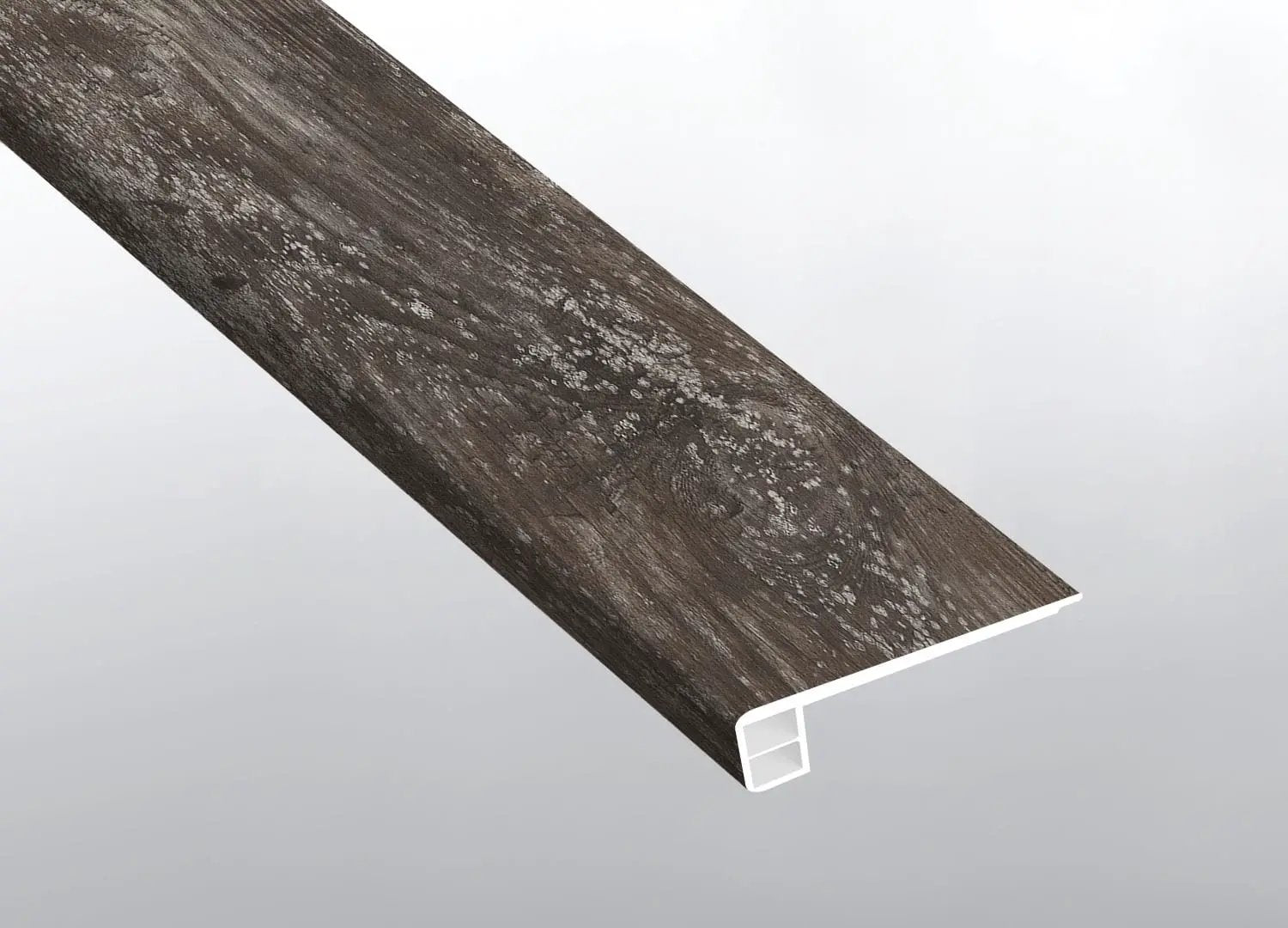 Cyrus Weathered Brina Semi Gloss Flush Stair Nose End Cap Wood Look Lvt Moldings 2.75x0.75 close up