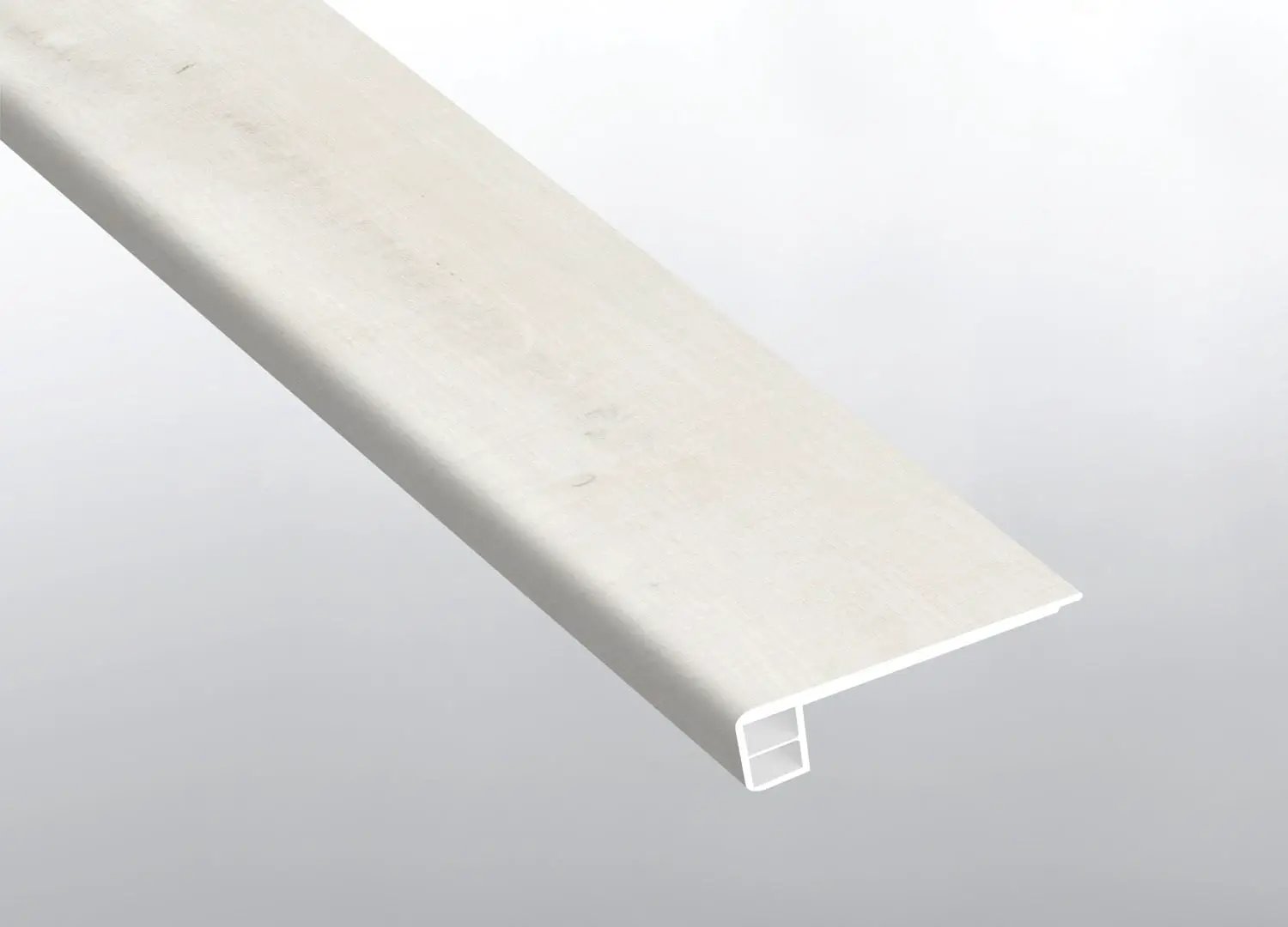 Andover Whitby White Semi Gloss Flush Stair Nose End Cap Wood Look Lvt Moldings 2.75x0.75 close up