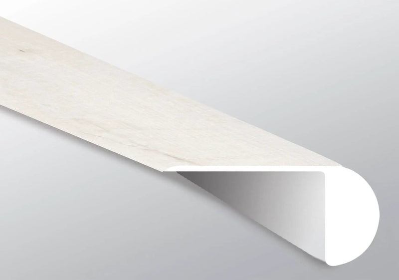 Andover Whitby White Semi Gloss Overlap Stair Nose Wood Look Lvt Moldings 2.23x1.03 close up